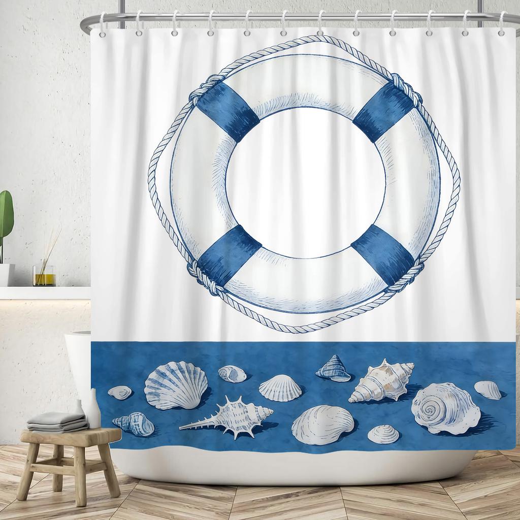 Nautical Theme Shower Curtain With Hooks Sailboat Anchor Seashells Starfish Waves Watercolour Art Modern Bathroom Curtain Decor