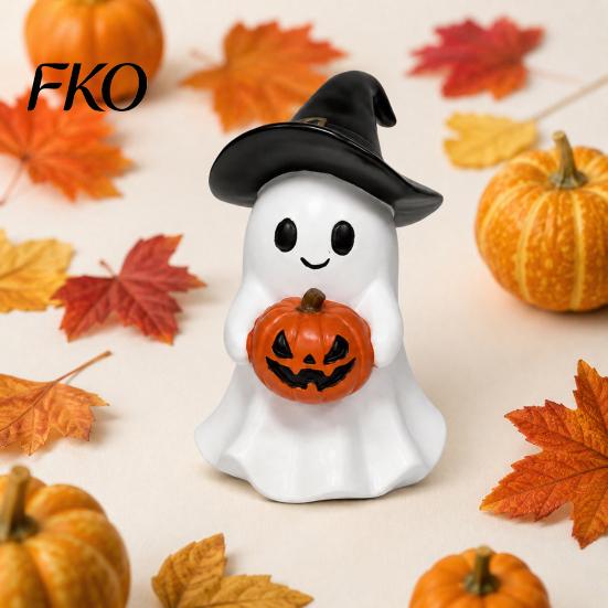 LED Pumpkin Decor Halloween Ghost Figurine, Cute Resin Holding Spooky Table Centerpiece Statue for Desk Tabletop Indoor Home Safe Flameless