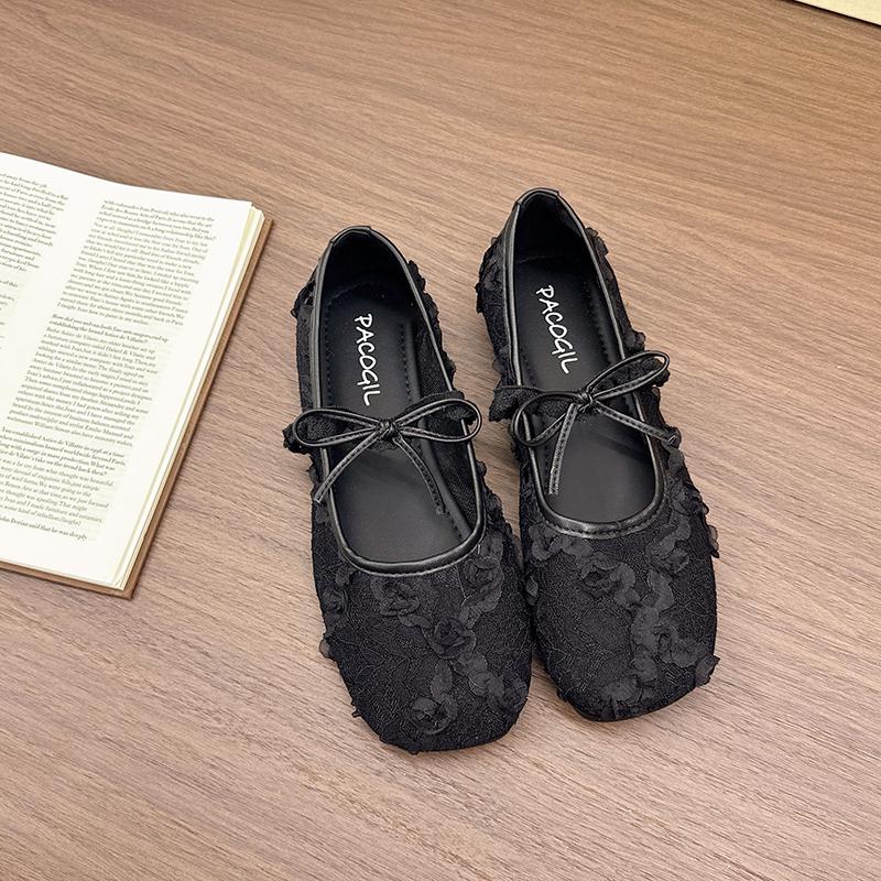 Women Mary Jane Shoes Round Toe Low Heel Butterfly-knot Shallow Single Shoes Dress Breathable Mesh Versatile Gentle Ballet Shoes