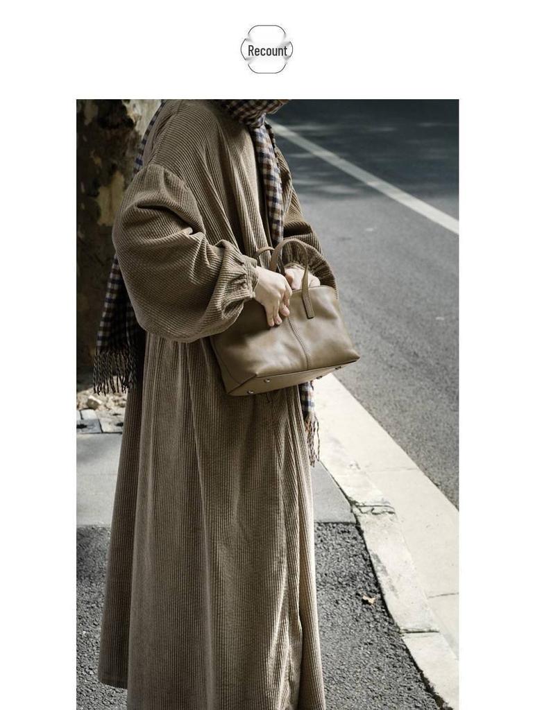 In-Stock Khaki Corduroy Puff Sleeve Dress for Autumn/Winter - Loose Fit, Long Sleeve, Literary Style