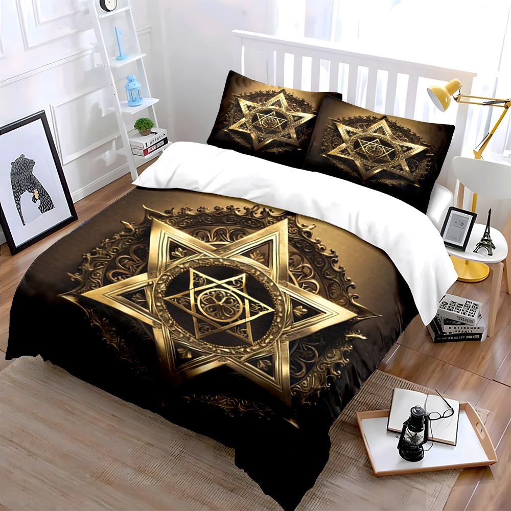 Golden Geometric Star Print Bedding Set Bedding Set (1 Duvet Cover, 2 Pillowcases, Duvet Not Included)
