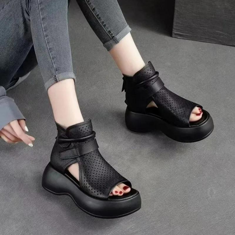 New Women's Hollow Breathable Hole Shoes Thick Sole Leather Fish Mouth Hook Loop Retro Comfortable Wedge Sandal Plus Size 43