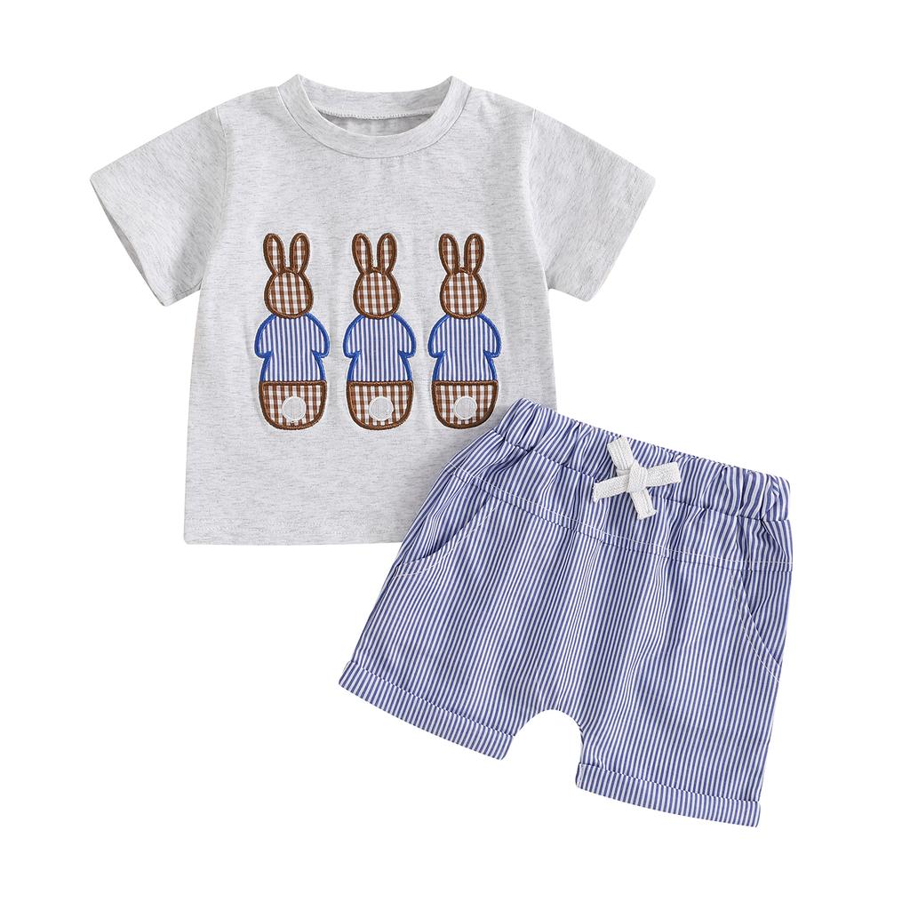 2Pcs Baby Boy Easter Outfits Short Sleeve Bunny Embroidery T-Shirt + Shorts Set Toddler Clothes
