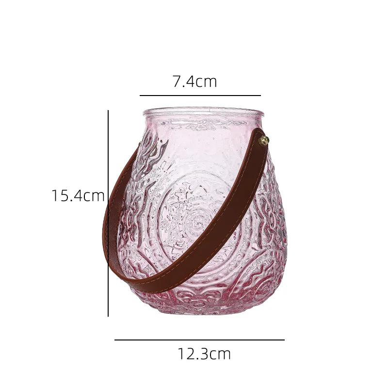 Leather Handle Vintage Glass Vase Colorful Home Decor Floral Arrangement for Boutique & Cafe Gift