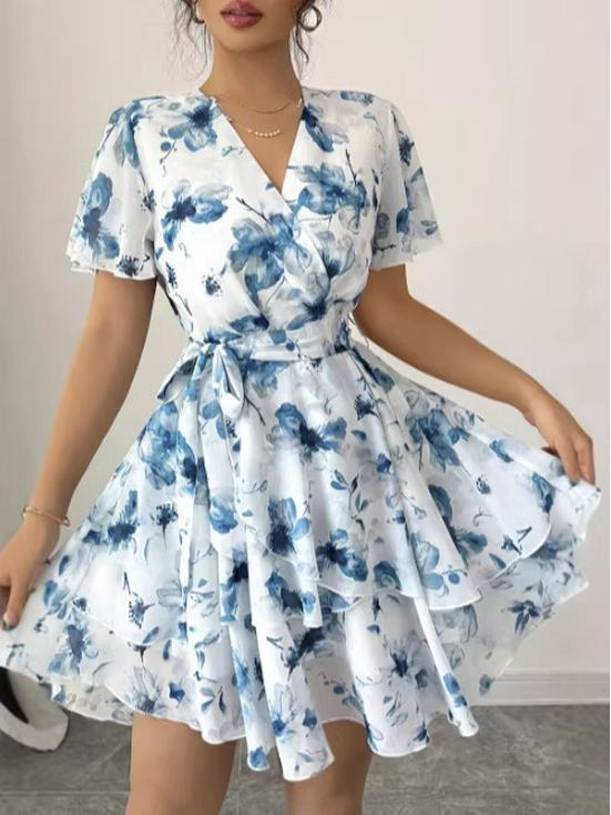 Elegant Floral Ruffled V-Neck Summer Dress - Women's Retro Holiday Style