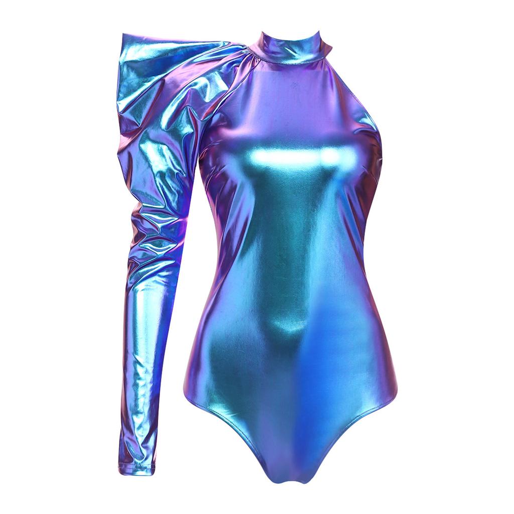Women Metallic Shiny Bodysuit Dramatic Puff Sleeve Long Sleeve One Shoulder Mock Neck Asymmetrical Leotard