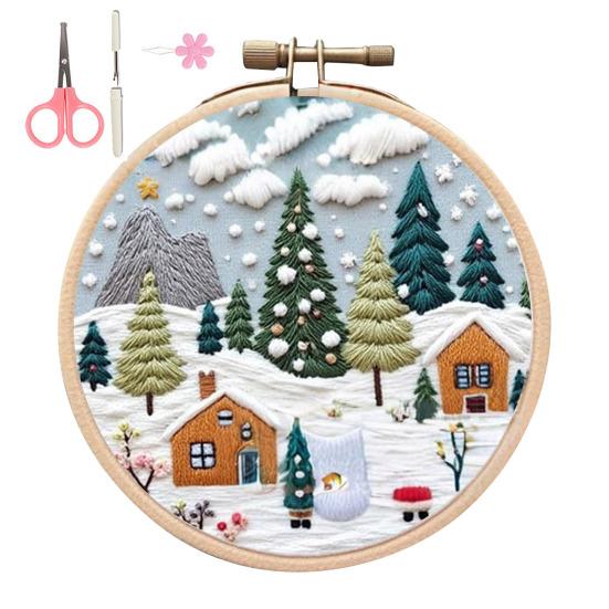 Christmas Embroidery Kit Winter Landscape Embroidery Starter Kit Santa Claus Embroidery Craft Set with Pattern Threads Needles for Beginners Adults