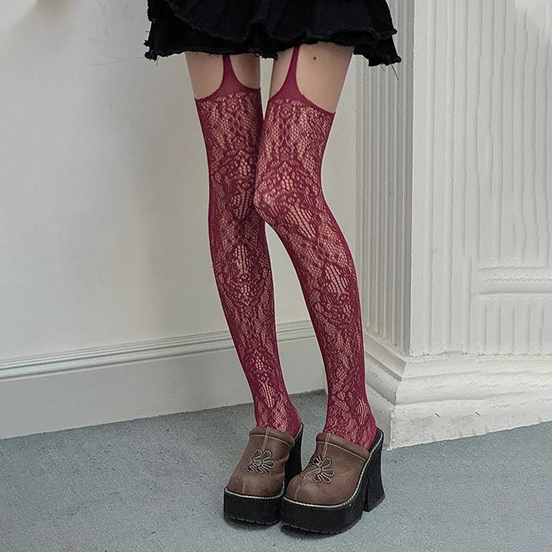 Y2K Fishnet Thigh High Garter Stockings Patterned Tights for Women Garter Belt Set Suspender Pantyhose for Girl Jk Blank White