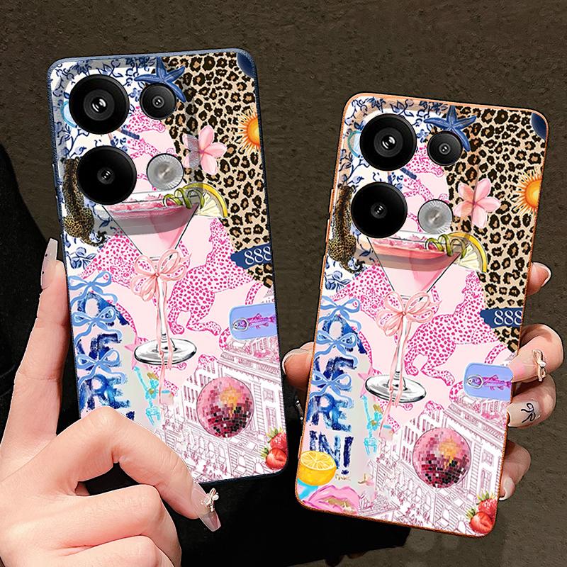 Pink Goblet Bowknots Disco Ball Pattern Case For Xiaomi Redmi Note 14 13 Pro 5G 4G 12 11 Funda Xiaomi 14T 13T 11T Pro Leather Texture Silicone Cover