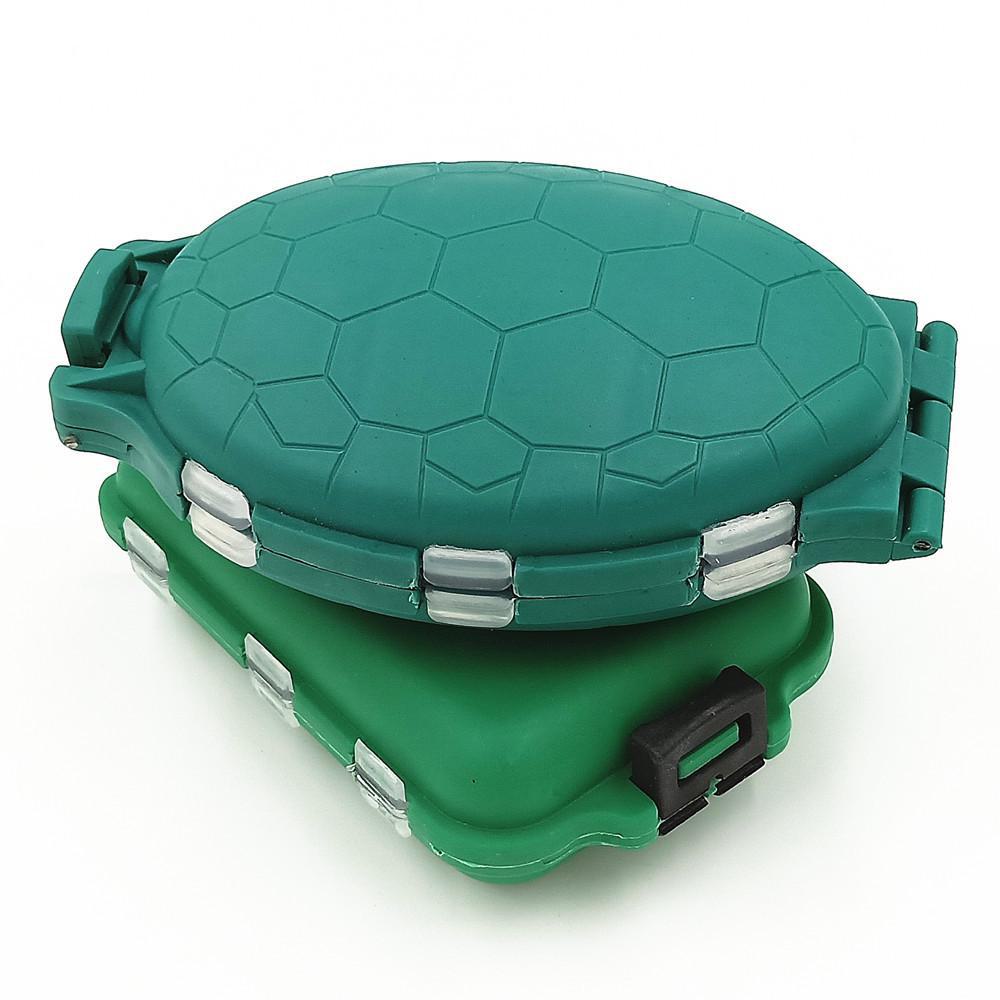 Mini Fishing Tackle Box with 10 Grids - Portable Plastic Storage for Fish Hooks and Swivels, Green Turtle-shaped Design.