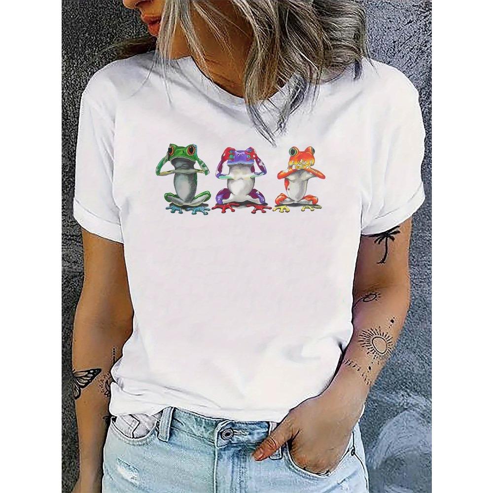 

Women s Breathable Green with Cute Frog Print Sleeve Round Neck Casual White Green Color Harajuku Sleeve Clothes S