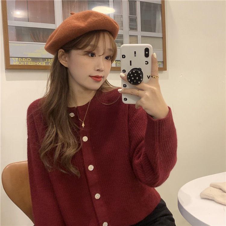 Spring Retro Petite Knitted Cardigan – Women's Short Round Neck Sweater with Hong Kong Style