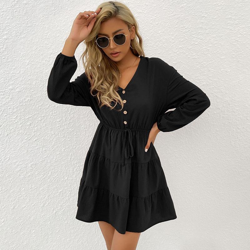 Autumn and winter women's new pleated solid color slim-fitting casual dress