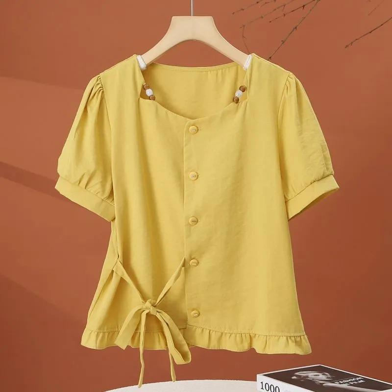 Summer Women s Yellow Square Neck Puff Sleeve Button Down Tie S жёлтый