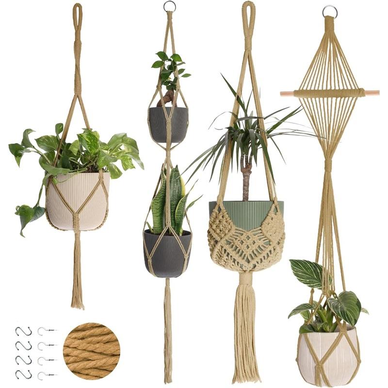Handmade Flower Pot Net Pocket Garden Hanging Plant Cotton Linen Basket Sustainable Netting For Indoor Outdoor Decor