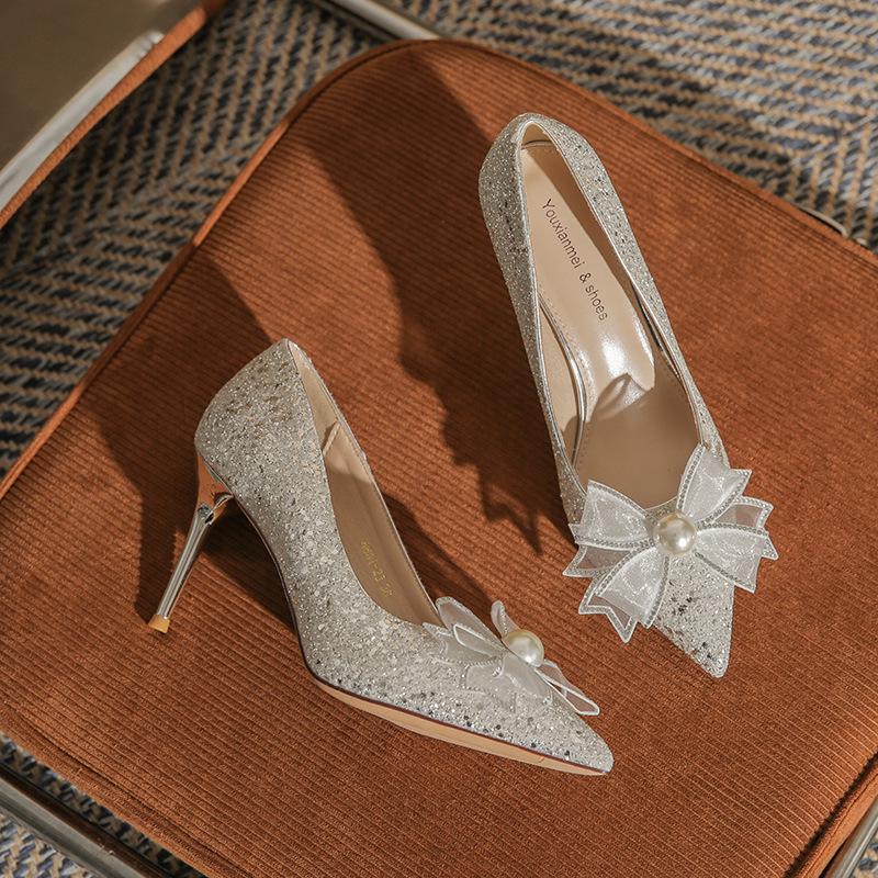 Champagne Gold Crystal Bow High Heels for Women - Elegant French Niche Bridal Shoes