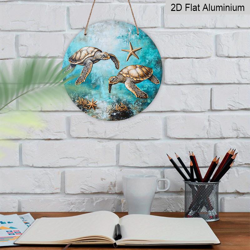 Vintage Sea Turtles & Starfish Metal Wall Art – 2D Flat Round Aluminum Sign with Oceanic Blue Background, Coral Reef Design, Indoor Decor for Living