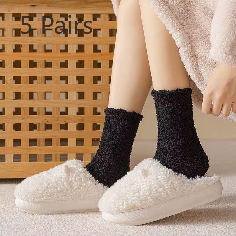 5 Pairs of Women's Winter Velvet and Thick Twist Solid Color Floor Socks