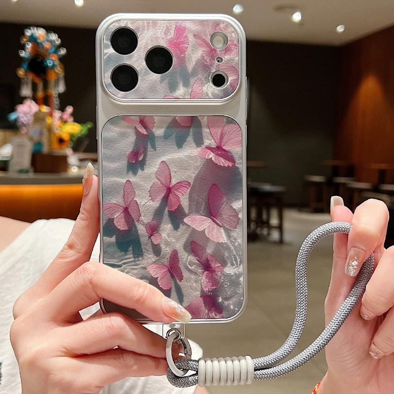 Butterfly Print Leather Lanyard Case For iPhone 18 Pro Max 17 16 15 14 13 Pro Max Luxury Hybrid TPU+PU Anti-skid Soft Phone Cover