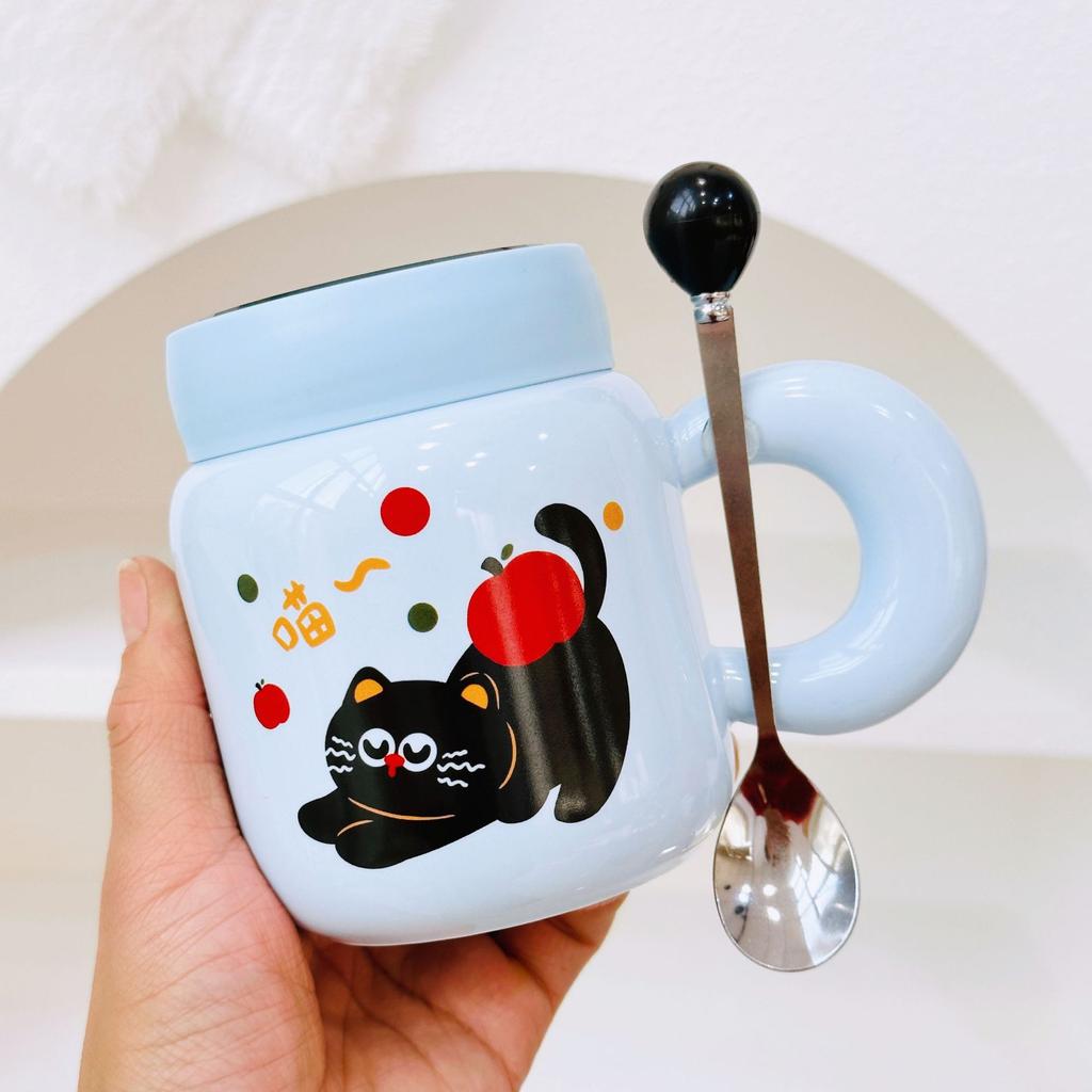 New Birthday Naughty Cat Water Cup Cartoon Ceramic Mug with Lid Spoon Cartoon Drinking Cup Gift Set Gift Box