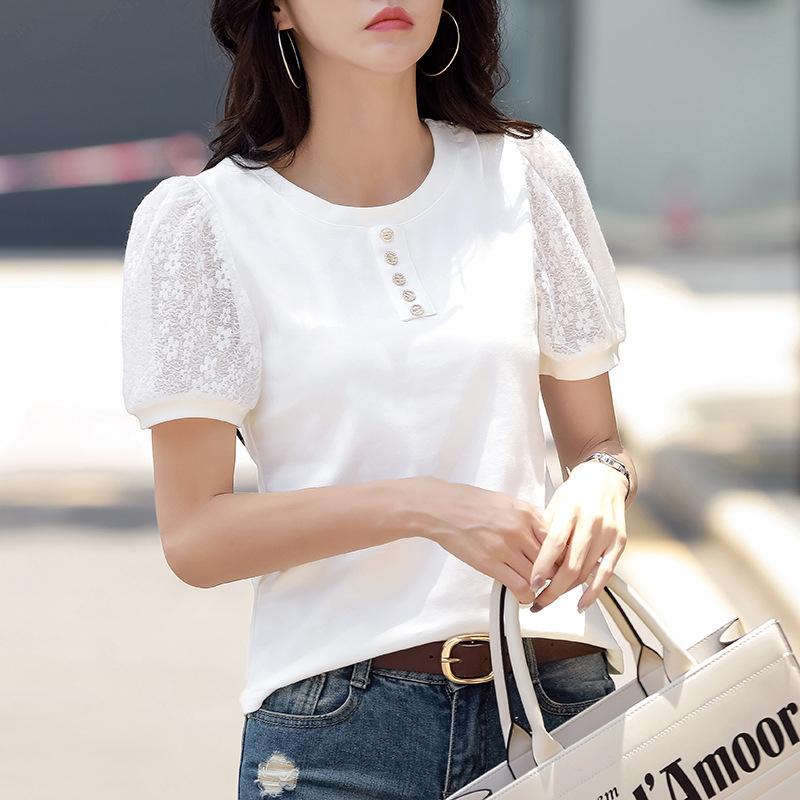 Été Patchwork dentelle fleur manches bouffantes coton T-Shirt boutons col rond femmes élégantes dames mince hauts à la mode