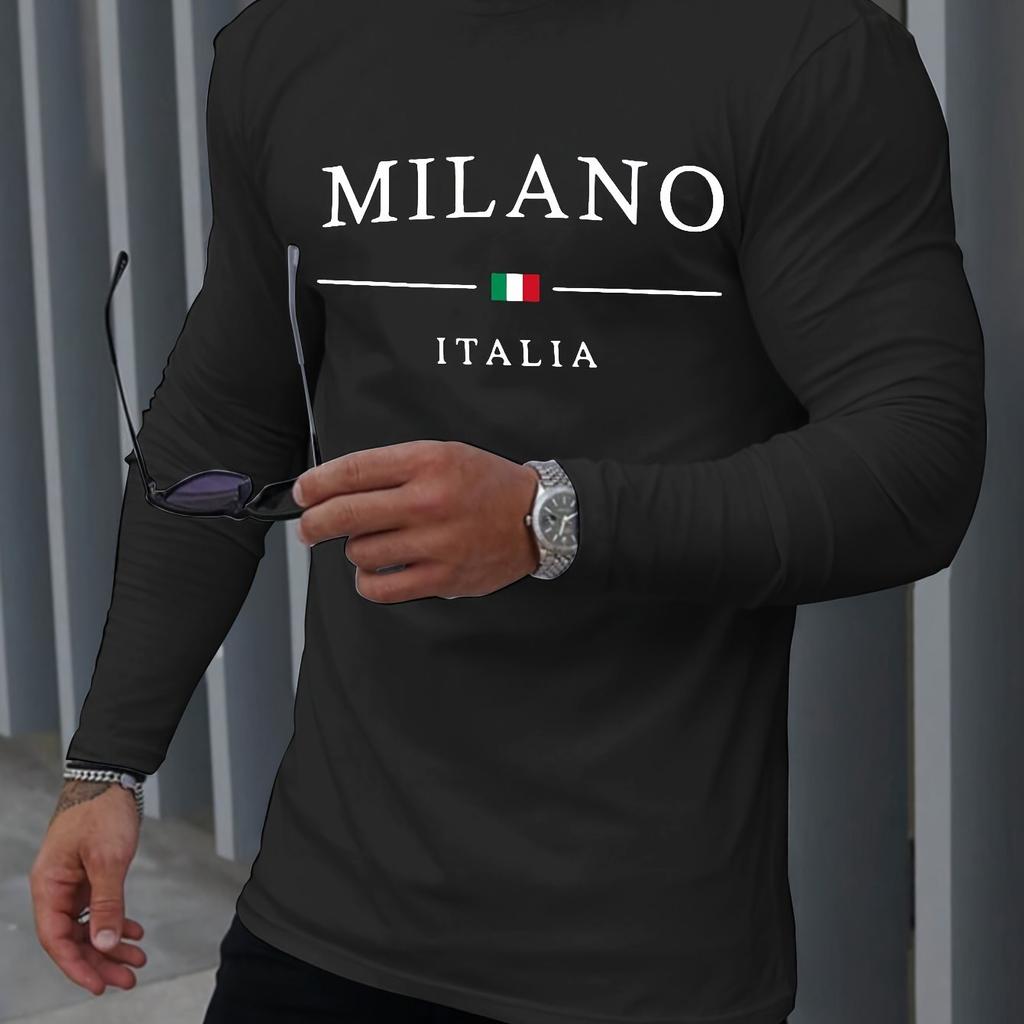 Pánské 100% čistý polyester pohodlné sportovní ležérní volný střih nadměrná velikost MILANO ITÁLIE potištěné tričko s kulatým výstřihem a dlouhým rukávem