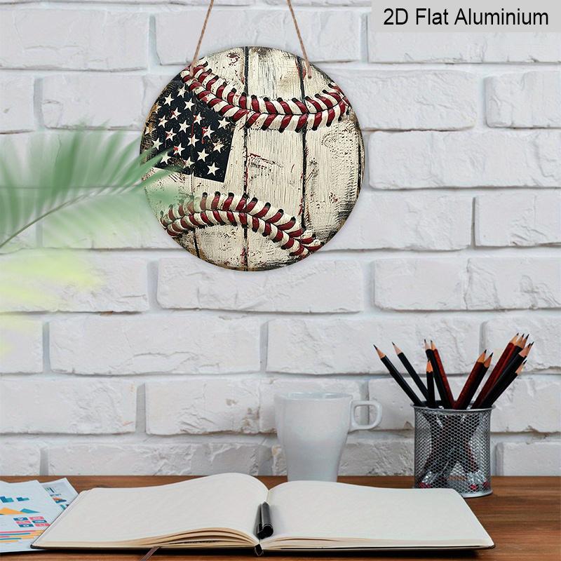 2D Flat, 1pc Round Vintage Baseball USA Flag Aluminum Hanging Sign, Rustic Patriotic Sports Metal Wall Decor, Suitable for Both Indoor And Outdoor