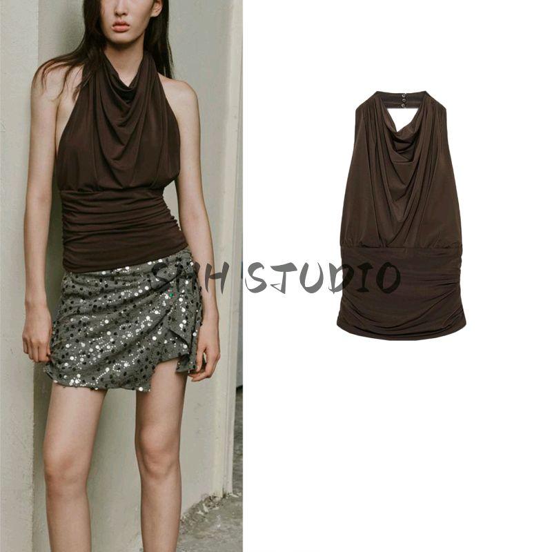 Autumn New Product Women Clothes French Style Design Sense Sleeveless Backless Sling Pleat Neck Collar Top 4661187