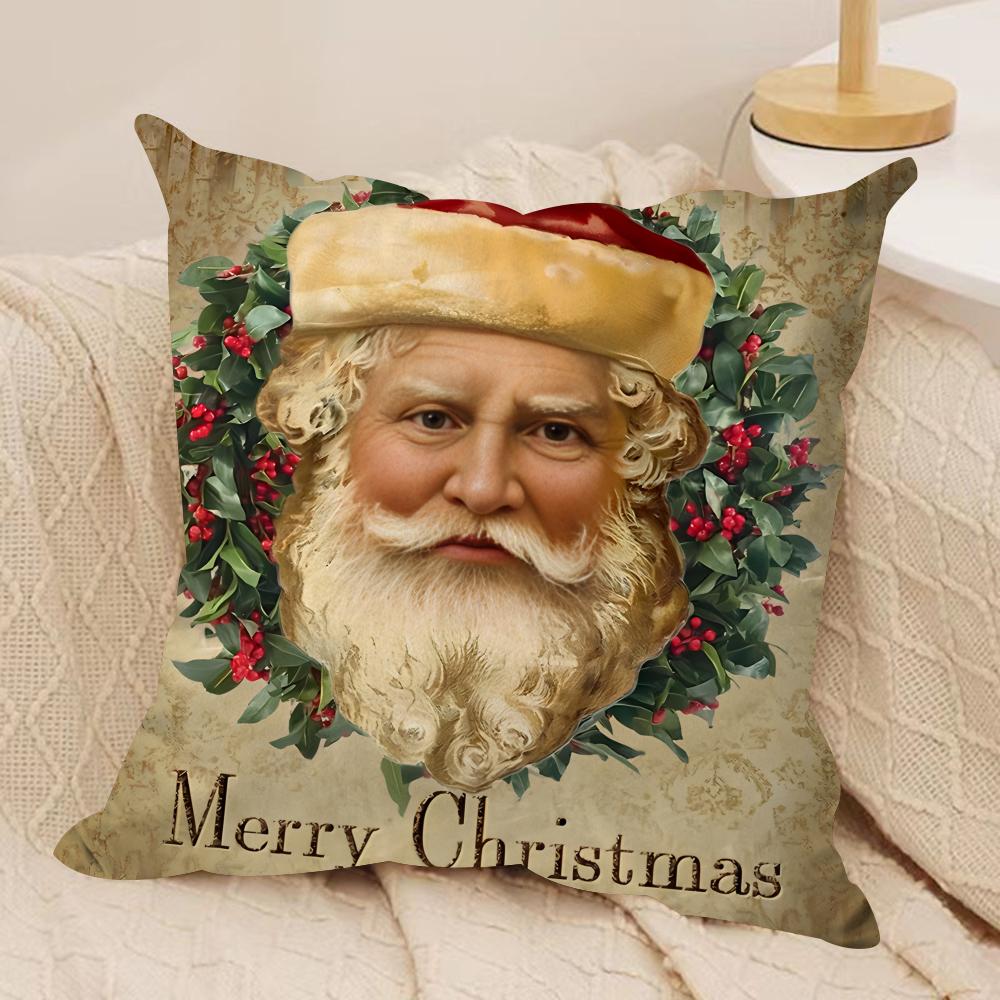 Retro Christmas Santa Claus Cushion Cover Silky Short Plush Invisible Zipper Dustproof Sofa Pillow Case For Home Decor