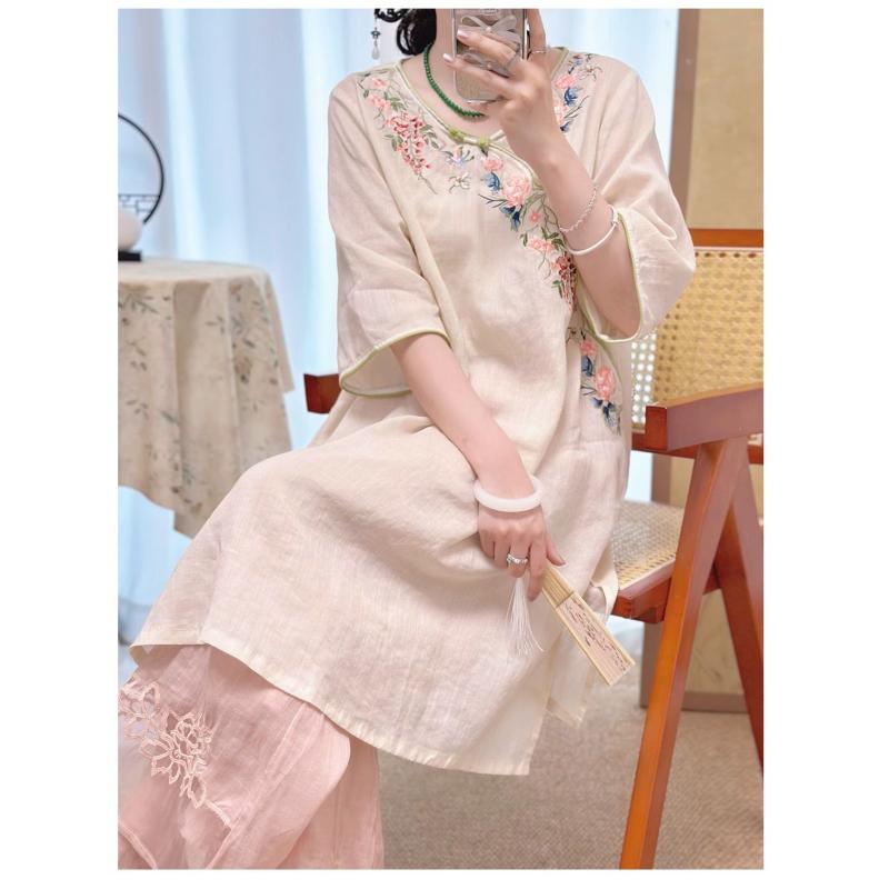 Improved Cheongsam Spring Summer Chinese Style National Cotton Linen Retro Embroidery Zen Tea Dress Mid-sleeve Dress for Women