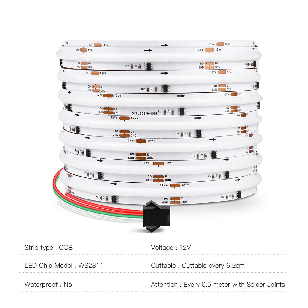 WS2811 COB RGBIC Светодиодная лента 576 светодиодов/м Адресный Dream Color DC12V WS2812B Высокогибкие лампы FOB COB RA90 1M 2M 3M 5M