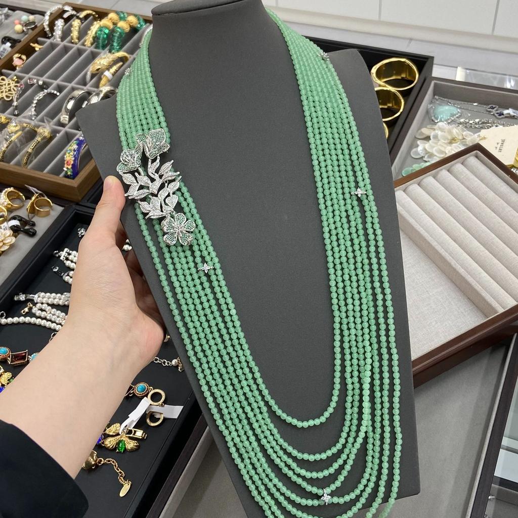 Green Dongling Jade Necklace Niche Design High-End Multi-Layer Beaded Long Sweater Chain Luxury Light Luxury Jewelry Women