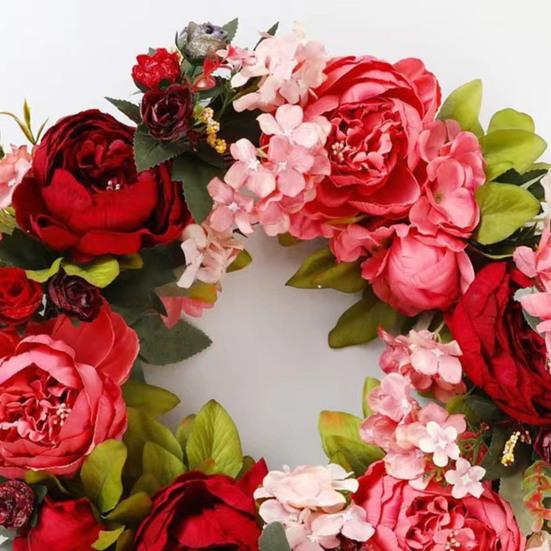 40CM Artificial Peony Wreath Indoor Outdoor Front Door Wall Hanging Fake Flower Garland with Green Leaves Wedding Party Home Decoration