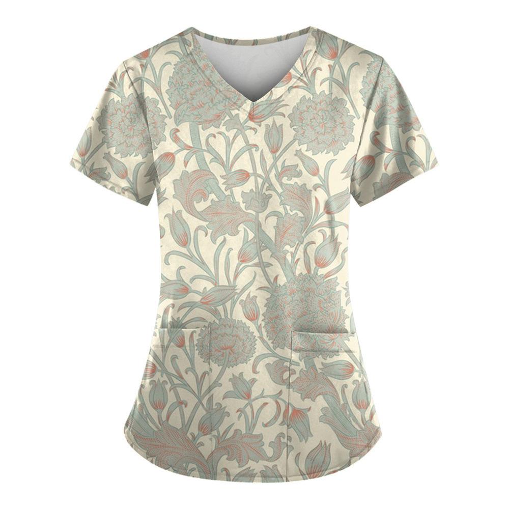 Willow Print Women's T-shirt V-neck Nurse Uniform Comfortable Short Sleeved Women's T-shirt