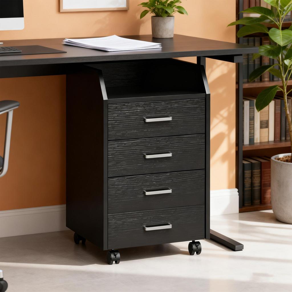 Büro-Aktenschrank auf Rollen 4 ausziehbare Holzladeflächen 40 x 36 x 65 cm Schwarz