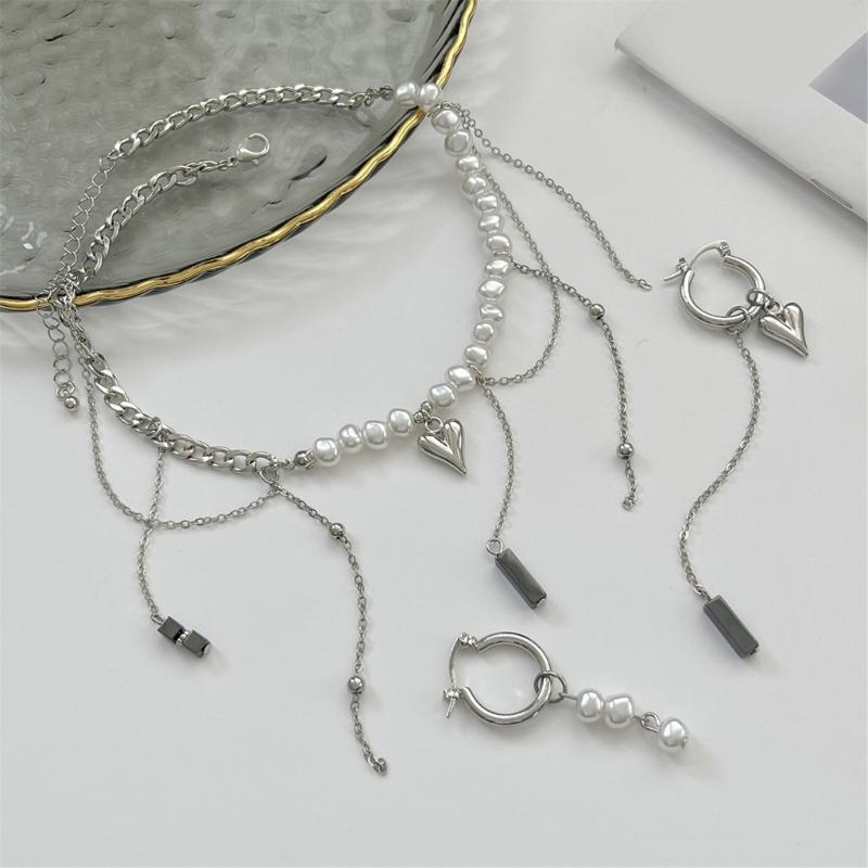 Retro Layer Earrings and Necklace With Bohemian Heart Pendant Pearls Choker And Cuban Chain Jewelry For Women Girls