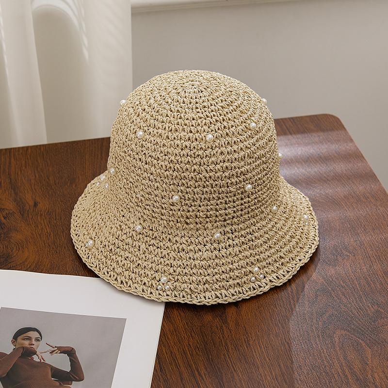 Summer Outdoor Sunshade Hat for Women, Hollowed Out Breathable Straw Woven Bucket Hat, High-end Pearl Fisherman Hat
