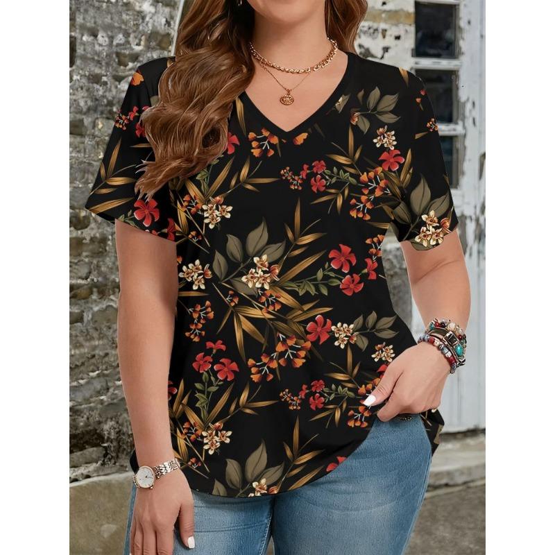 Summer Ethnic Style Floral 3D Print T-Shirts Women's V-Neck Short Sleeve T Shirt Y2k Harajuku Tees Casual Tops Female Clothing