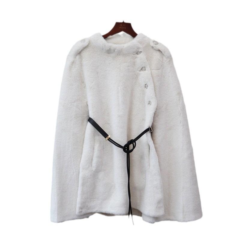 Thickened Fur Integrated Medium and Long Cape Coat Autumn and Winter New Belt Shawl Coat Women