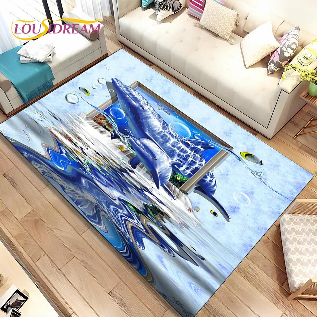 3D Illusion Seabed Underwater World Dolphin Shark Area Rug,Carpet Rug for Living Room Bedroom Sofa Doormat,Non-slip Floor Mat