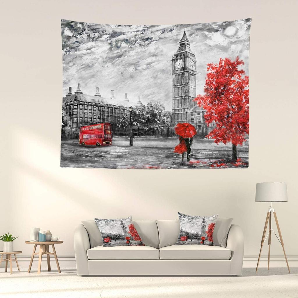 Black and White England Landmark Picnic Mat Hippie Trippy Tapestry Wall Art Meditation Decor for Bedroom Living Room Dorm, Red