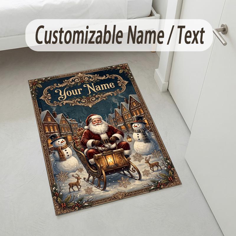 Christmas Theme Crystal Velvet Rug Personalized Custom Name Text Soft Floor Mat Home Decor