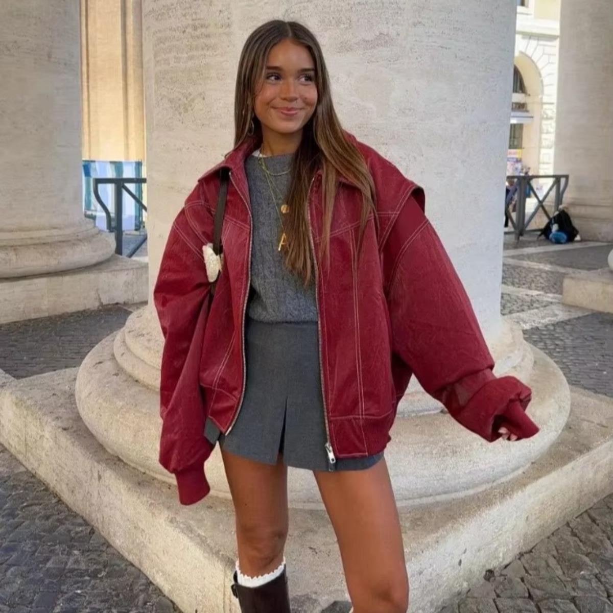 

VAYLA Wine Red Women Leather Jackets Fashion Lapel Long Sleeve Zipper Pockets Bomber Jacket Coats Lady Casual Outerwear S