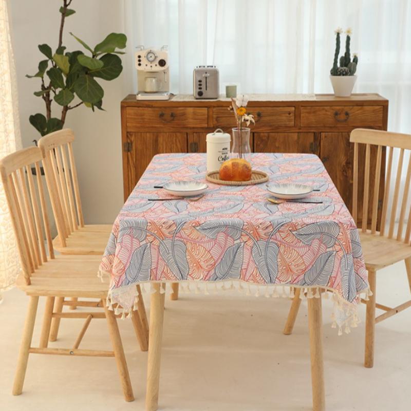 Pastoral Style Cotton and Linen Tea Table Towel Fashionable and Minimalist Green Leaf Tablecloth Rectangular Tassel Table Cloth Large Size Table Cover