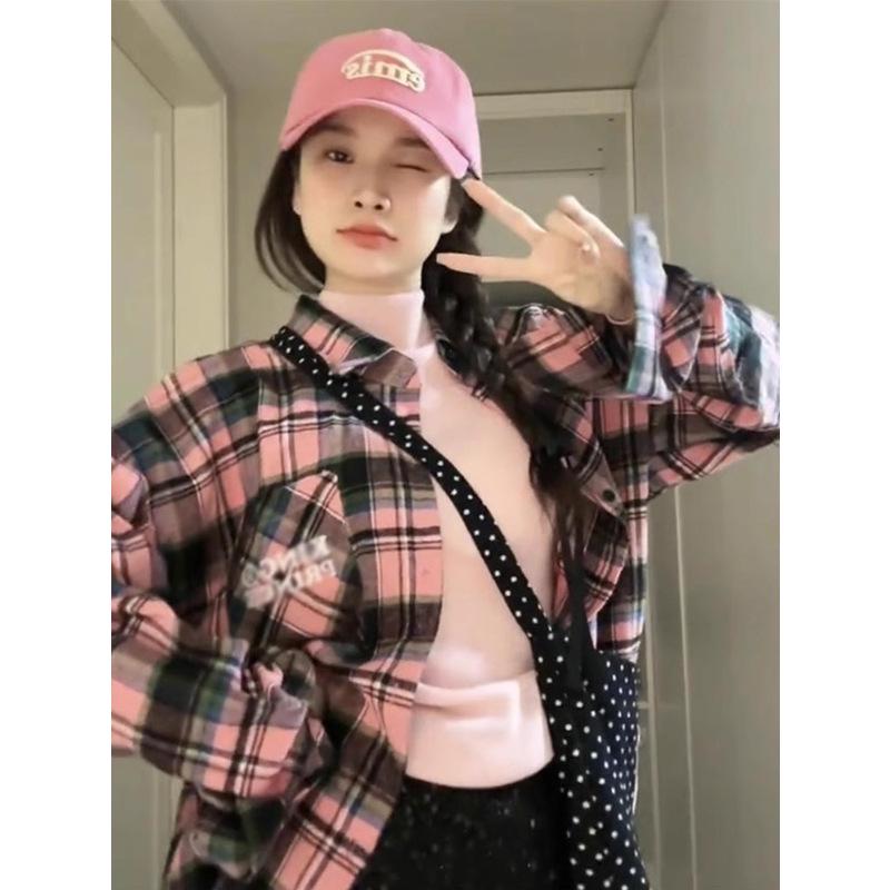 2024 Spring American Retro Plaid Colorblock Shirt Jacket – Loose Fit, Casual, Versatile, Long Sleeve, Turn-Down Collar