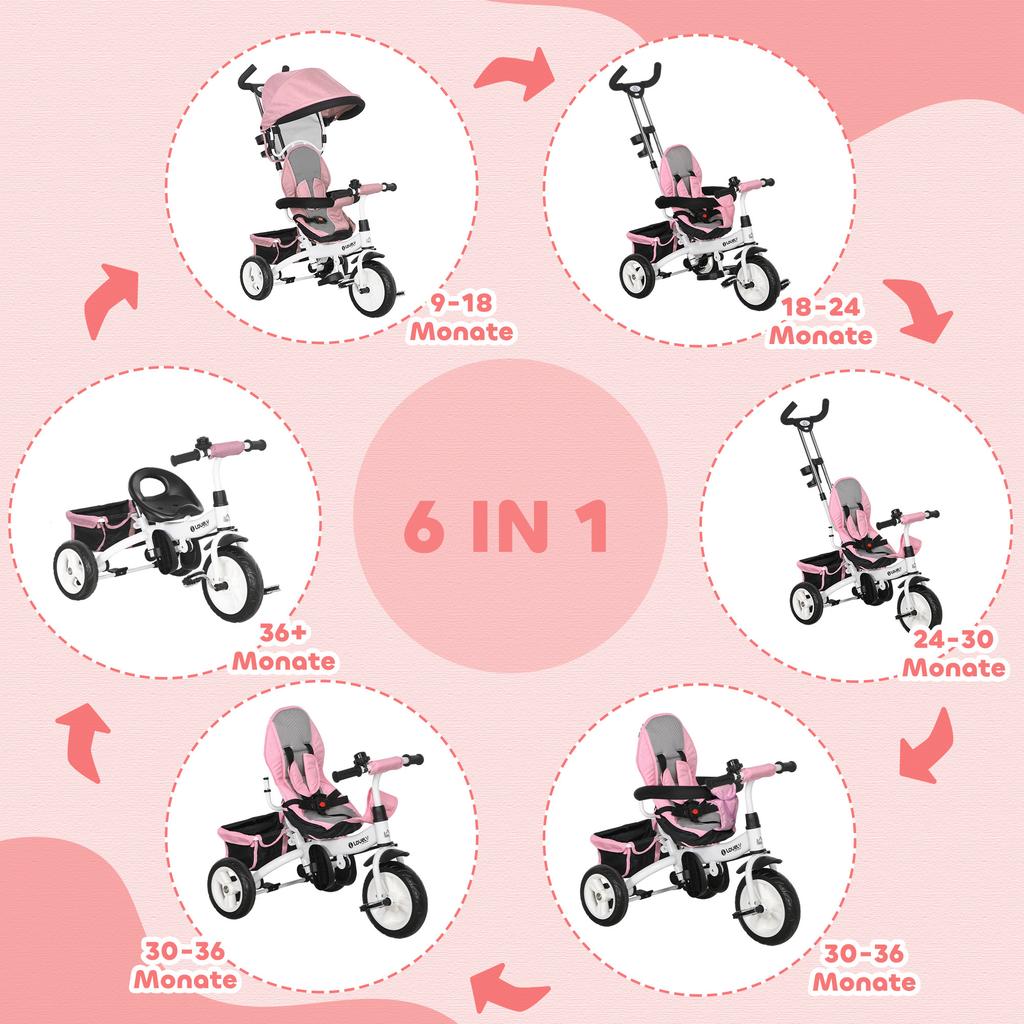 6 In 1 Kids Trike Push Bike W/ Push Handle, Canopy, 5-point Seat Belt, Storage, Footrest, Brake, for 1-5 Years, Pink