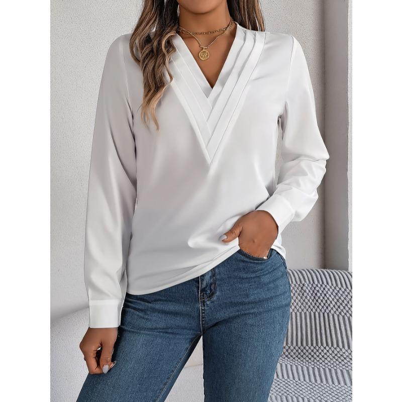 Elegant Fashion Layered V-neck Long Sleeved Women Shirt Solid Color Loose Casual Simple Office Blouse Ladies Basic Spring Autumn Tops Women's Clothing