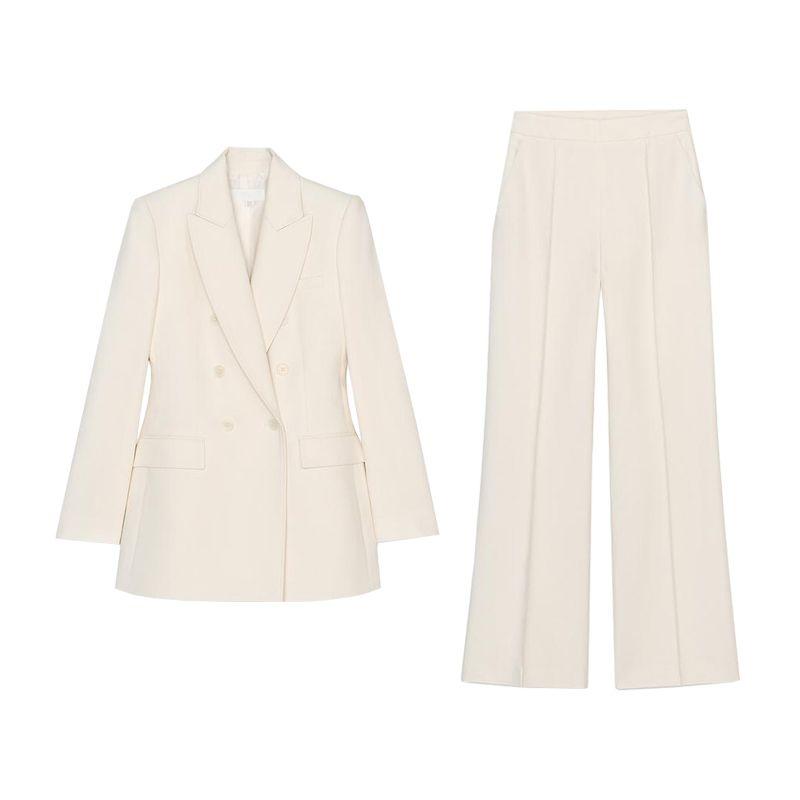 Double Breasted Lapel Long Sleeve Suit Coat 3040135 Stitching Decoration High Waist Casual Trousers 3030135