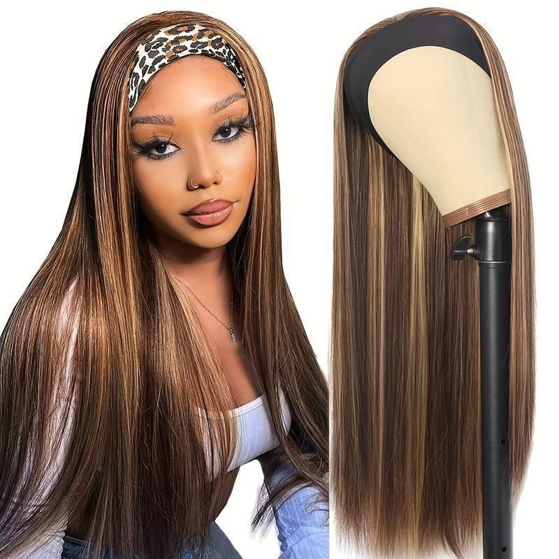 Meier Women's headscarf wig black ice silk headband long straight hair wig headwear