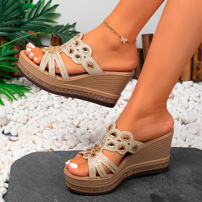 Fashion Women's Slope Heel Slippers Summer New Round Head Open Toe Hollow Thick Sole Non-slip High-heeled Sandals